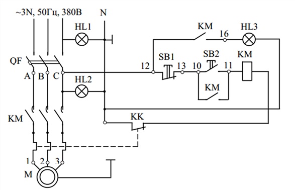 Нереверсивная схема подключения электродвигателя к питающей сети с помощью МП