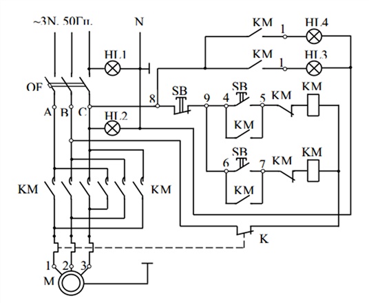 Электрическая принципиальная схема реверсивного МП с реле