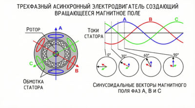 Векторная диаграмма вращающегося магнитного поля трехфазного двигателя