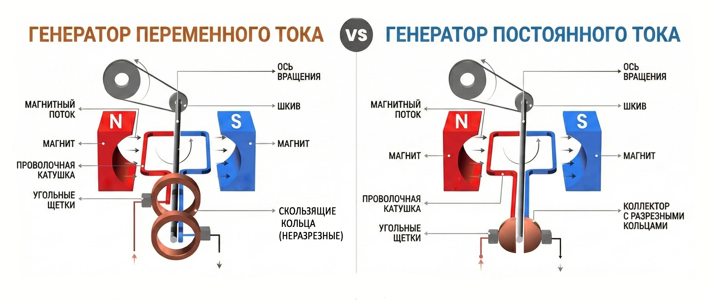 Сравнение устройства генераторов переменного и постоянного тока