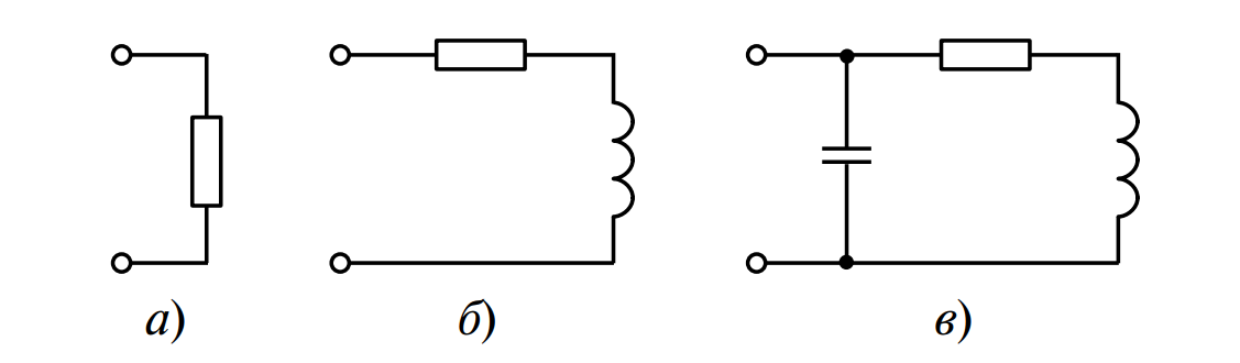 Схемы замещения резистора на низких (а), средних (б) и высоких (в) частотах
