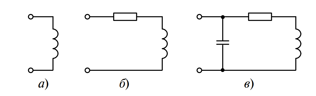 Схемы замещения индуктивной катушки на низких (а), средних (б) и высоких (в) частотах