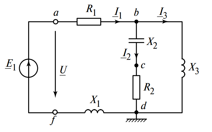 Схема для примера: ветви с элементами R1, X1, R2, X2 и т.д. Узлы обозначены a, b, c, d