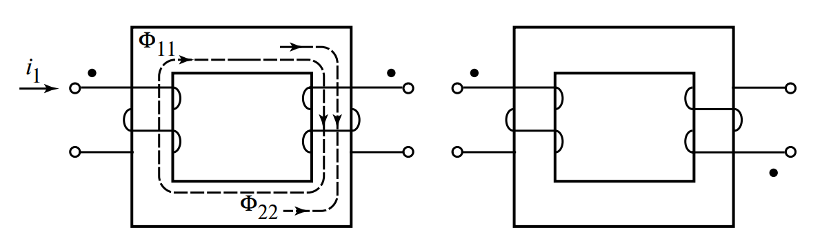 Разметка одноименных зажимов при различных направлениях намотки второй катушки
