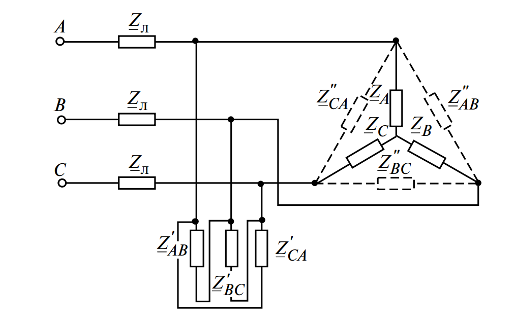 Трехфазная цепь с несколькими разнородными приемниками