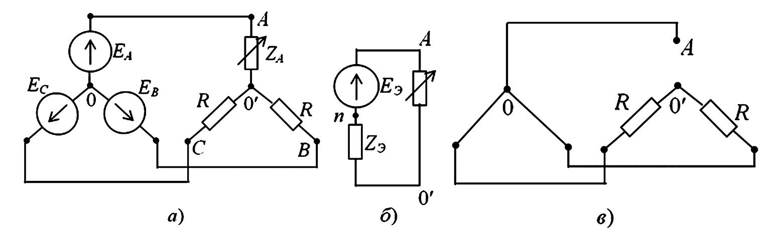 Схема цепи при изменении сопротивления в фазе А