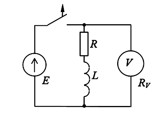 Схема электрической цепи к примеру 2.3. Источник E, ключ, R и L. Параллельно ключу и R-L цепи подключен вольтметр Rv