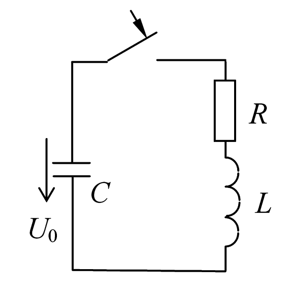 Схема электрической цепи к примеру 2.6. Конденсатор C разряжается через ключ на последовательно соединенные R и L