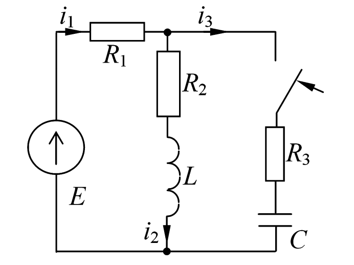 Схема электрической цепи к примеру 3.1. Разветвленная цепь. Ветвь 1: R1. Ветвь 2: R2 и L. Ветвь 3: R3 и C. Все три ветви параллельны и подключены к E