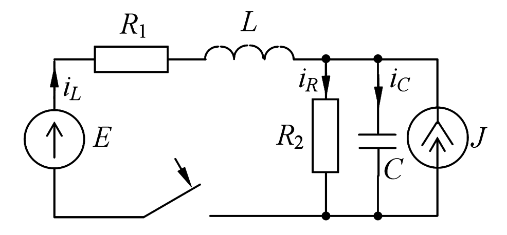 Схема электрической цепи к примеру 4.1. Цепь с источниками E и J, индуктивностью L, емкостью C и резисторами R1, R2