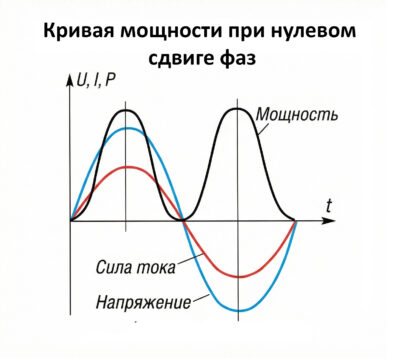 График мощности, тока и напряжения при нулевом сдвиге фаз