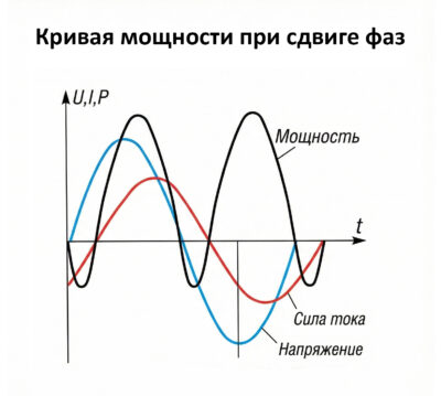 График мощности, тока и напряжения при сдвиге фаз