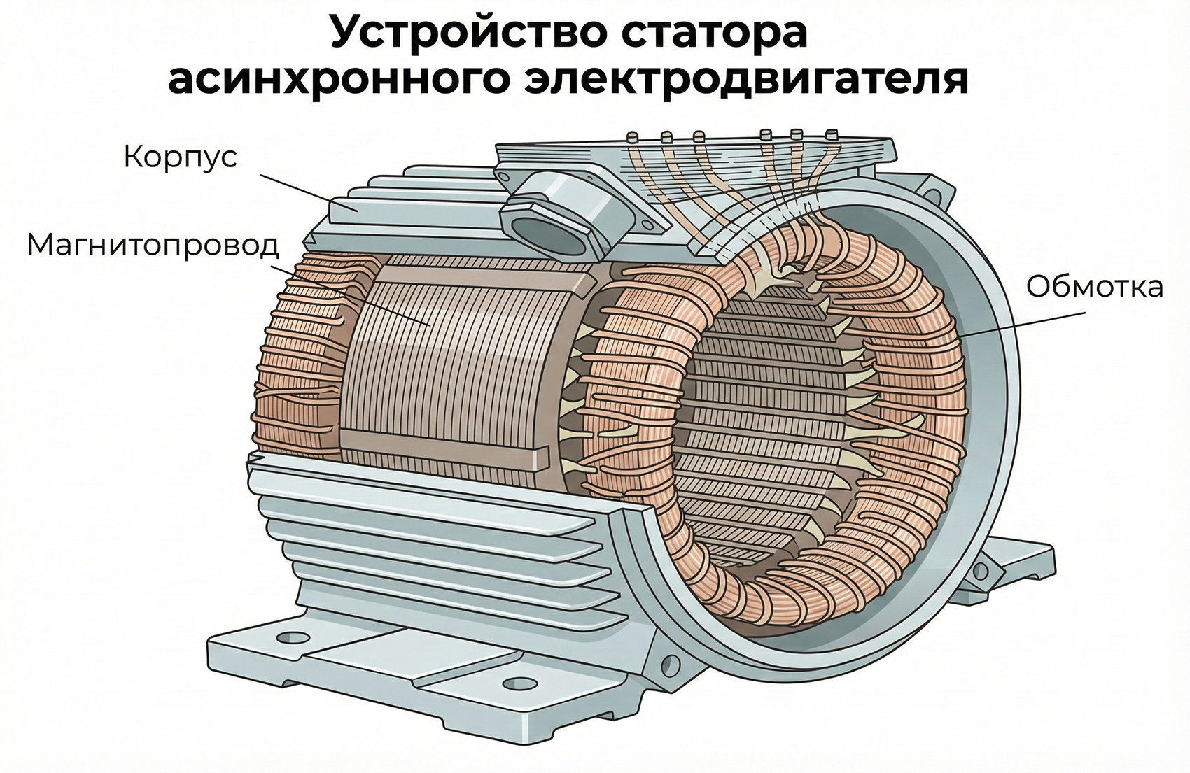 Статор электродвигателя с уложенными обмотками