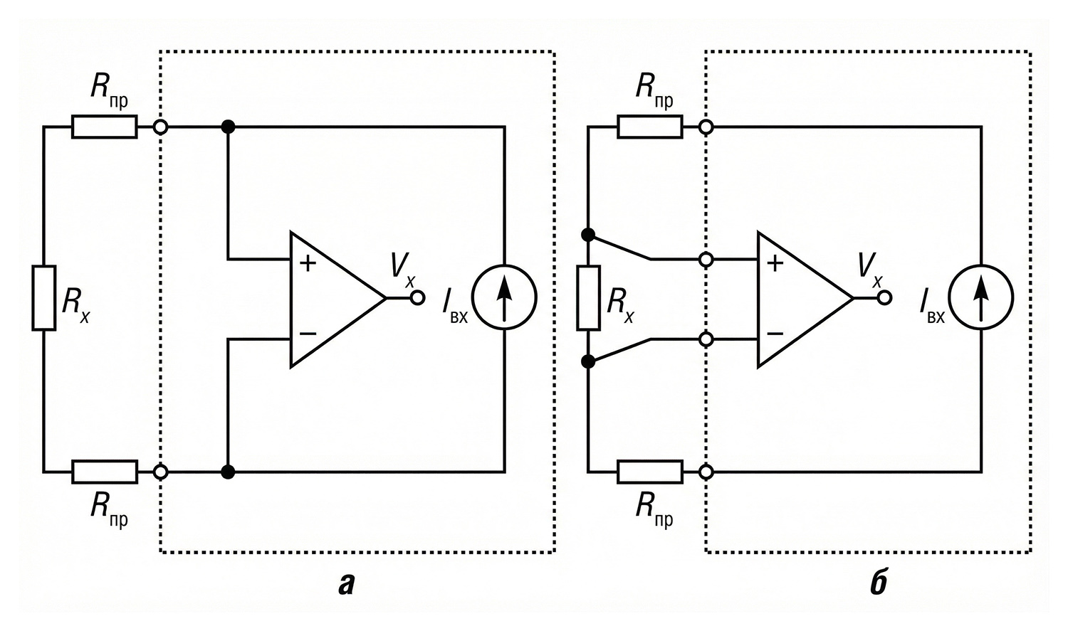 Принципиальные схемы измерения сопротивления: а — двухпроводная; б — четырёхпроводная (Кельвина)