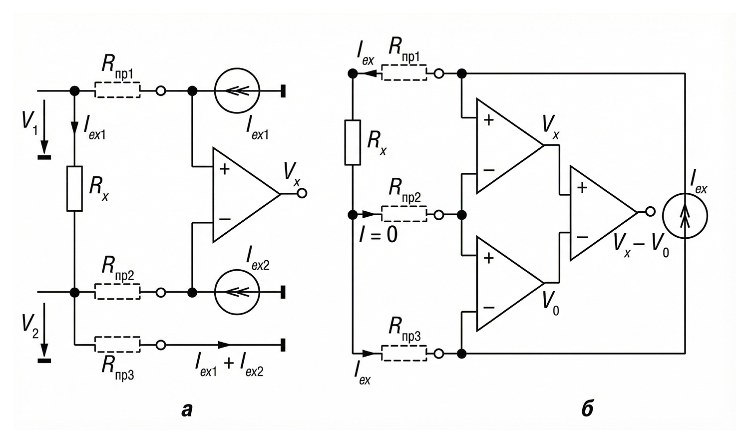 Реализация трёхпроводной схемы: а — с двумя источниками тока; б — с компенсационным контуром