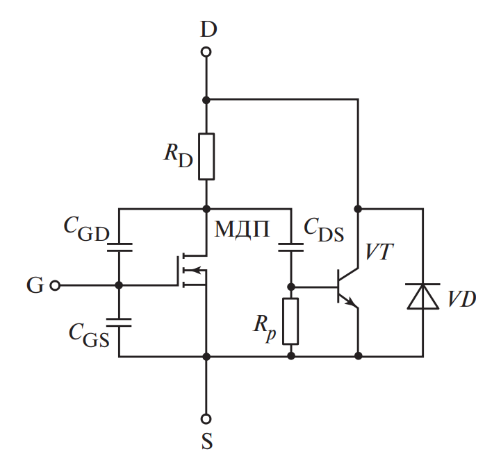 Эквивалентная схема MOSFET с диодом и емкостями