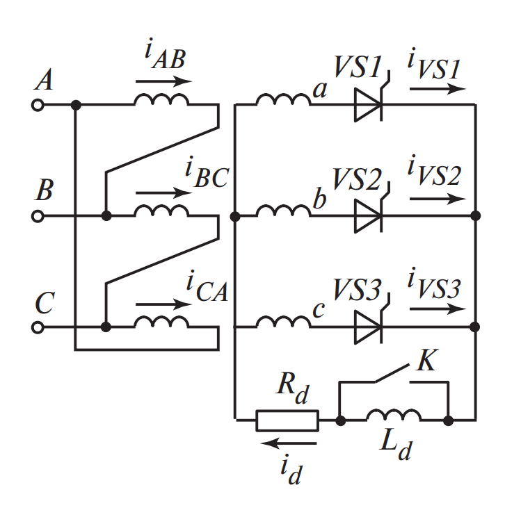 Схема трехфазного выпрямителя со средней точкой