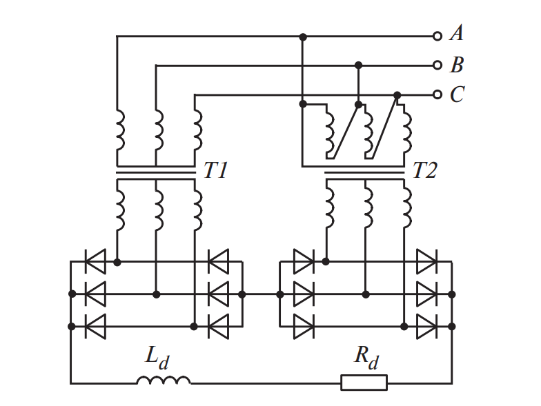 Трехфазный двухмостовой выпрямитель с последовательным соединением мостовых схем