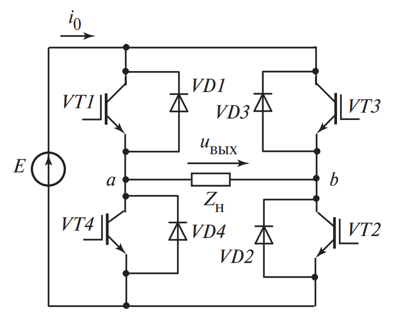 Схема однофазного мостового инвертора напряжения