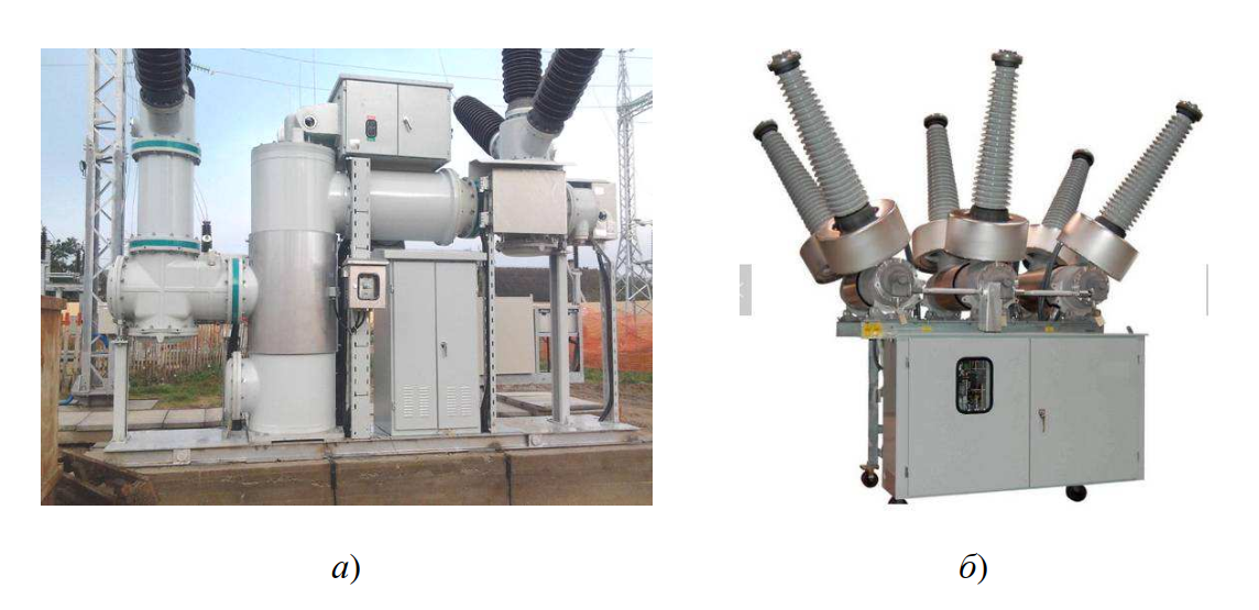 Оборудование с применением элегаза: а — ячейка КРУЭ 110 кВ в разрезе; б — принцип гашения дуги в высоковольтном выключателе