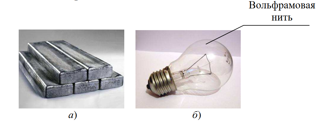 Вольфрам: а — металлический слиток; б — макрофотография двойной спирали лампы накаливания