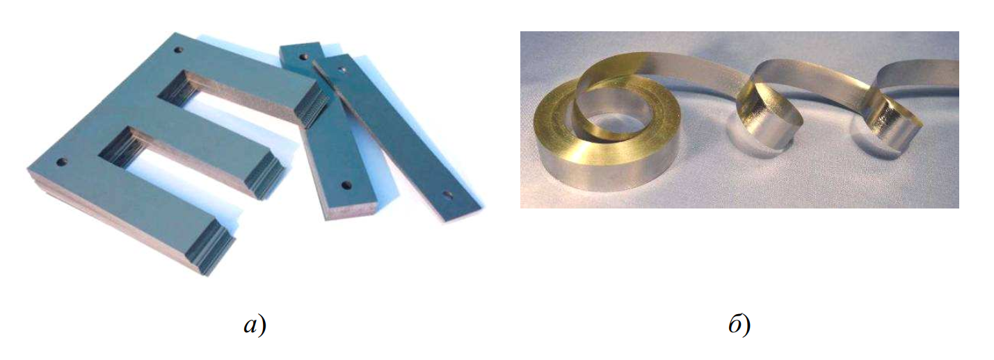 Магнитопроводы: Пакет пластин трансформатора и Рулон блестящей аморфной ленты