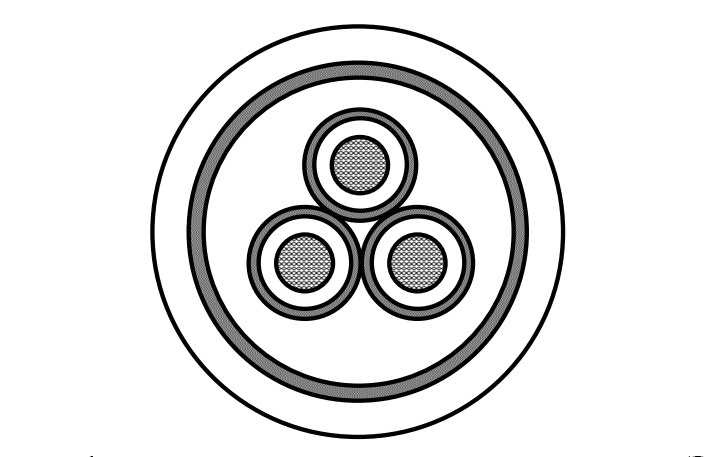 Трехфазный кабель, где экраны жил касаются друг друга, создавая единый контур.