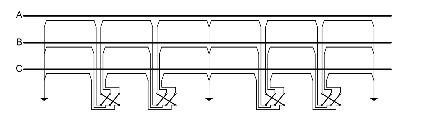 Схемы с двумя циклами транспозиции (N=2) для очень длинных линий, средняя точка заземлена