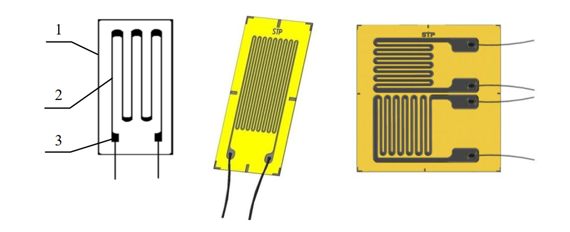 различные типы тензорезисторов, показывающее подложку, решетку и выводы