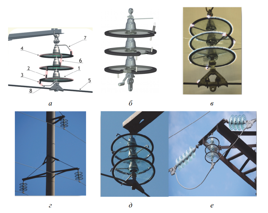 Конструктивные элементы РМКЭ-35 (а) и его установка на гирлянду из стеклянных изоляторов (б) и полимерный изолятор