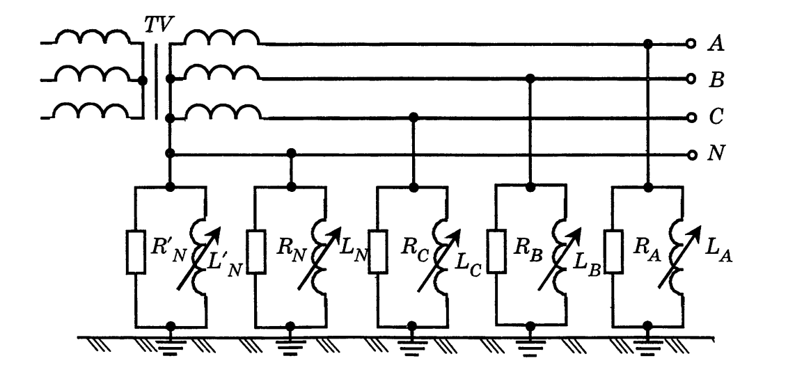 Общий вид схемы замещения сети: R, L — продольное активное сопротивление и индуктивность проводников сети, распределенные по длине; Поперечные ветви (R-C цепочки) характеризуют состояние изоляции