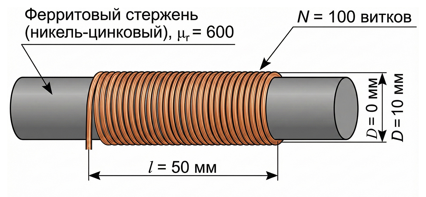 Чертеж дросселя на ферритовом стержне с размерами и параметрами для расчета