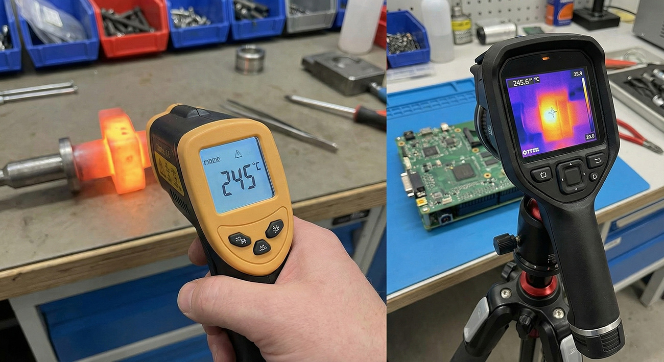 Пирометр измеряет температуру детали и тепловизор измеряет температуру микросхемы
