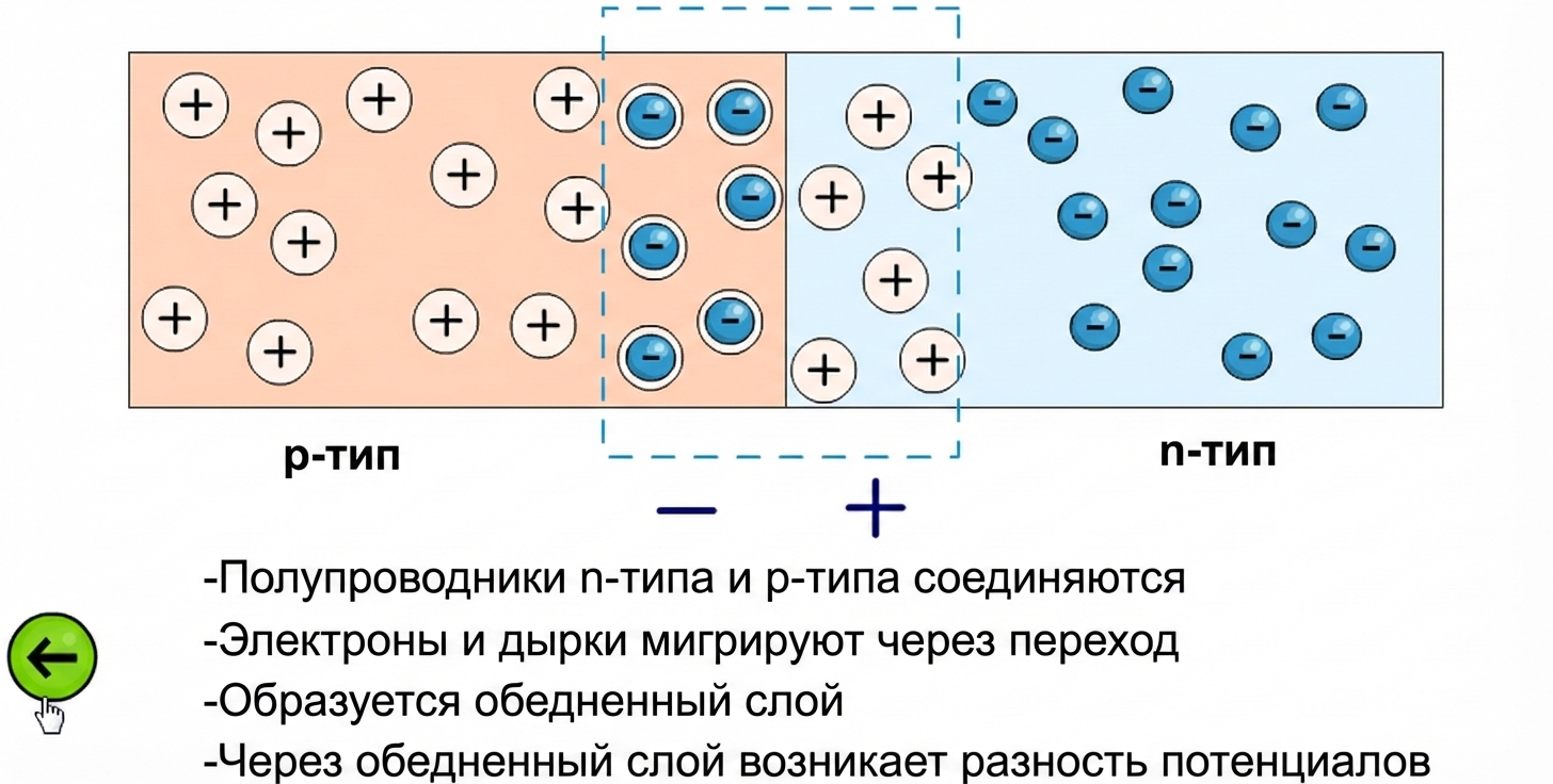 Схема образования p-n перехода и обедненного слоя при диффузии зарядов