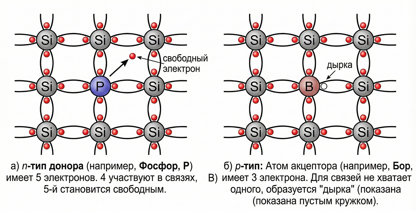 Схематическое изображение кристаллической решетки кремния с примесями
