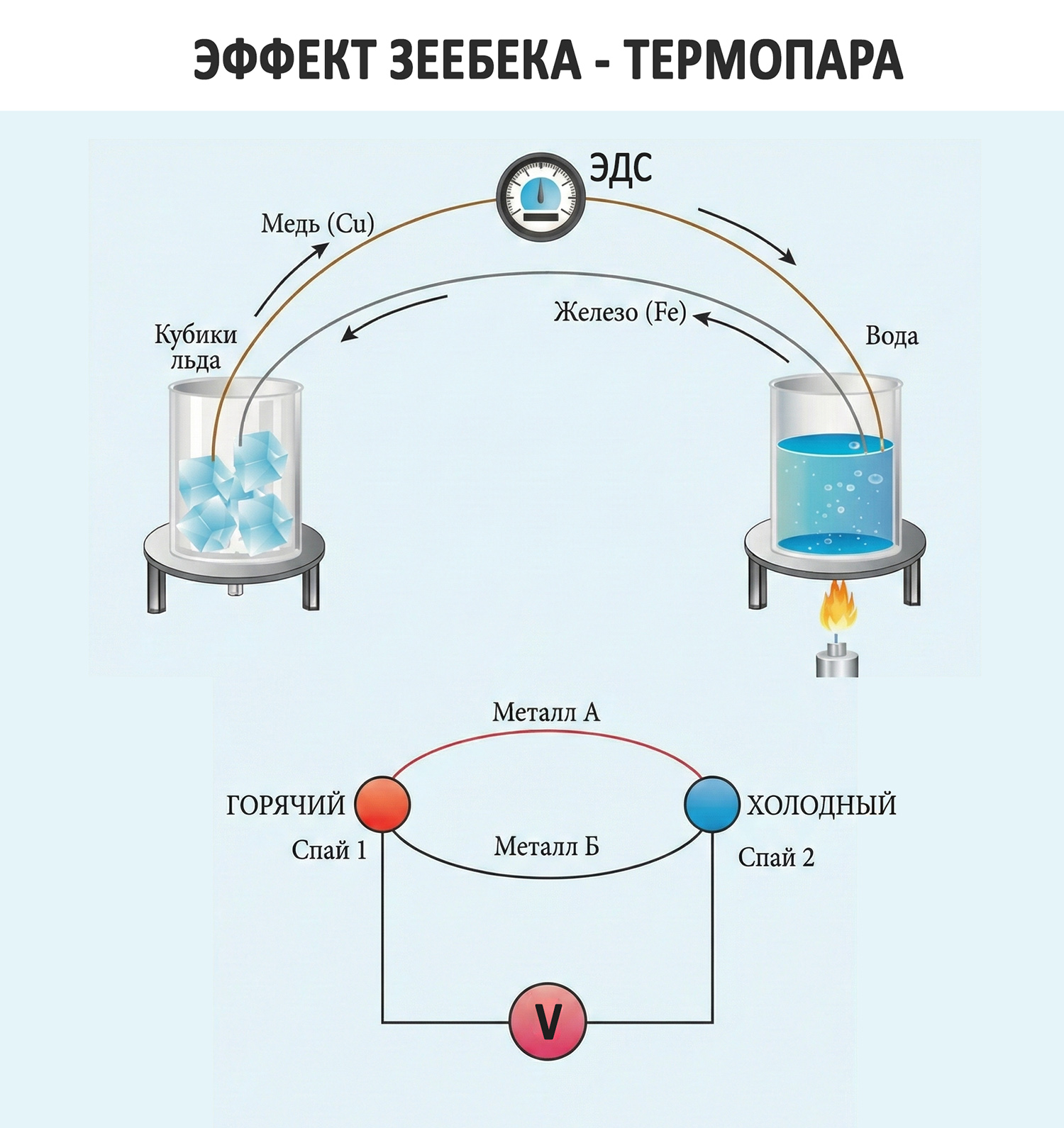 Эффект Зеебека: Генерация ЭДС в замкнутой цепи из разнородных проводников, контакты между которыми находятся при различных температурах