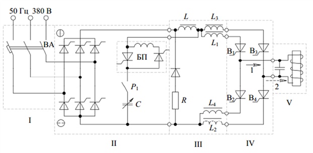 Схема силовой цепи тиристорного преобразователя частоты
