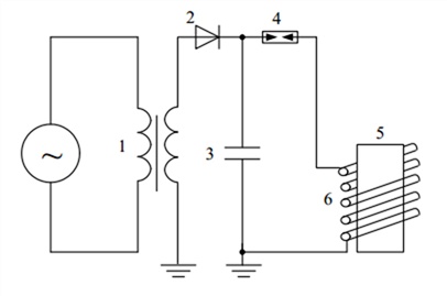 Принципиальная схема электрической цепи установки для магнитноимпульсной обработки металлов