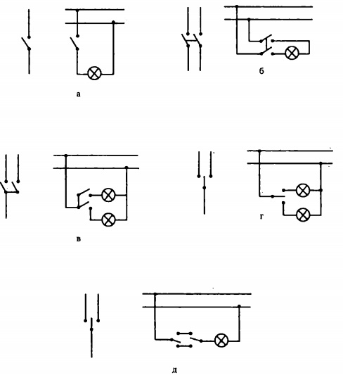 Схемы соединения и включения в сеть выключателей и переключателей