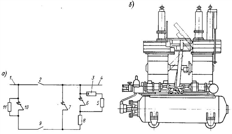 Функциональная электрическая схема полюса (а) и общий вид (б) генераторного воздушного выключателя ВВГ с воздухонаполненным отделителем