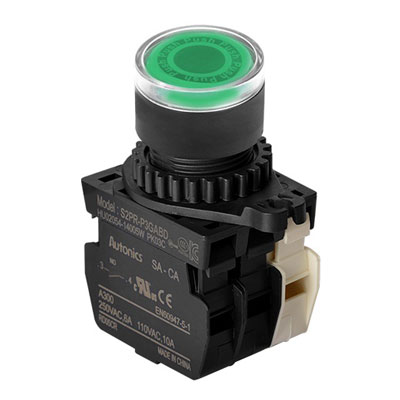 S2PR-P3GABD Кнопка нажатия круглая с подсветкой, LED 12-24 VAC/DC, цвет зеленый, Autonics
